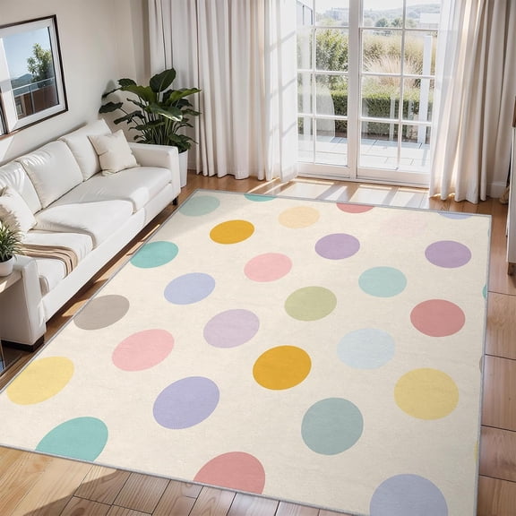 Modern Colorful Polka Dot Area Rugs, Multicolor Circle Carpet, Washable Non Slip Low Pile Soft Rug for Living Room Bedroom Decor Mat 5x8ft