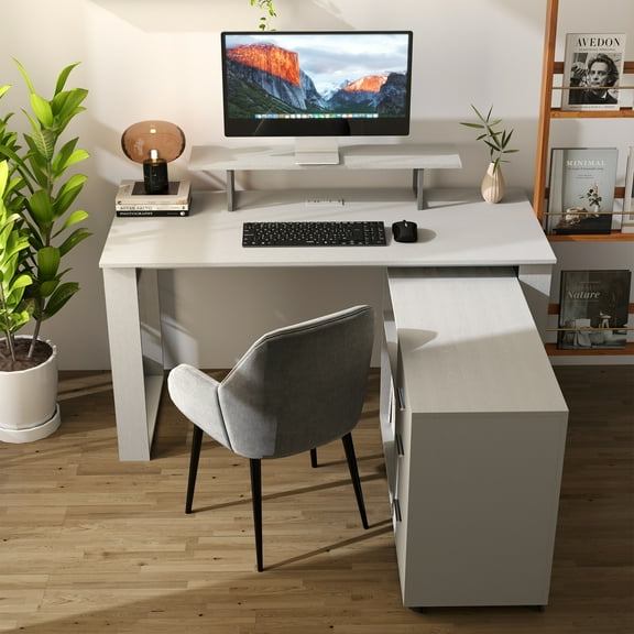 Modern Combo Computer Desk with Storage Cabinet and Monitor Stand, Versatile Workstation for Home Office