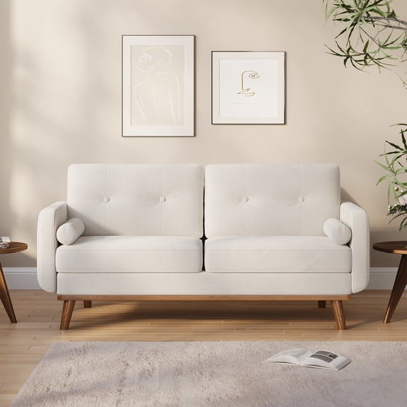 Modern Comfort Deep Seat Loveseat Sofa – 65" Soft Fleece Boucle Upholstery – 2-Seater Couch for Living Room, Bedroom, Office – Stylish Mid-Century Design - off--white