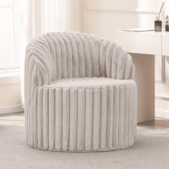 Modern Comfy Round Accent Chair, Faux Rabbit Fur Upholstered Reading Armchair for Living Room Bedroom, Set of 1, Gray