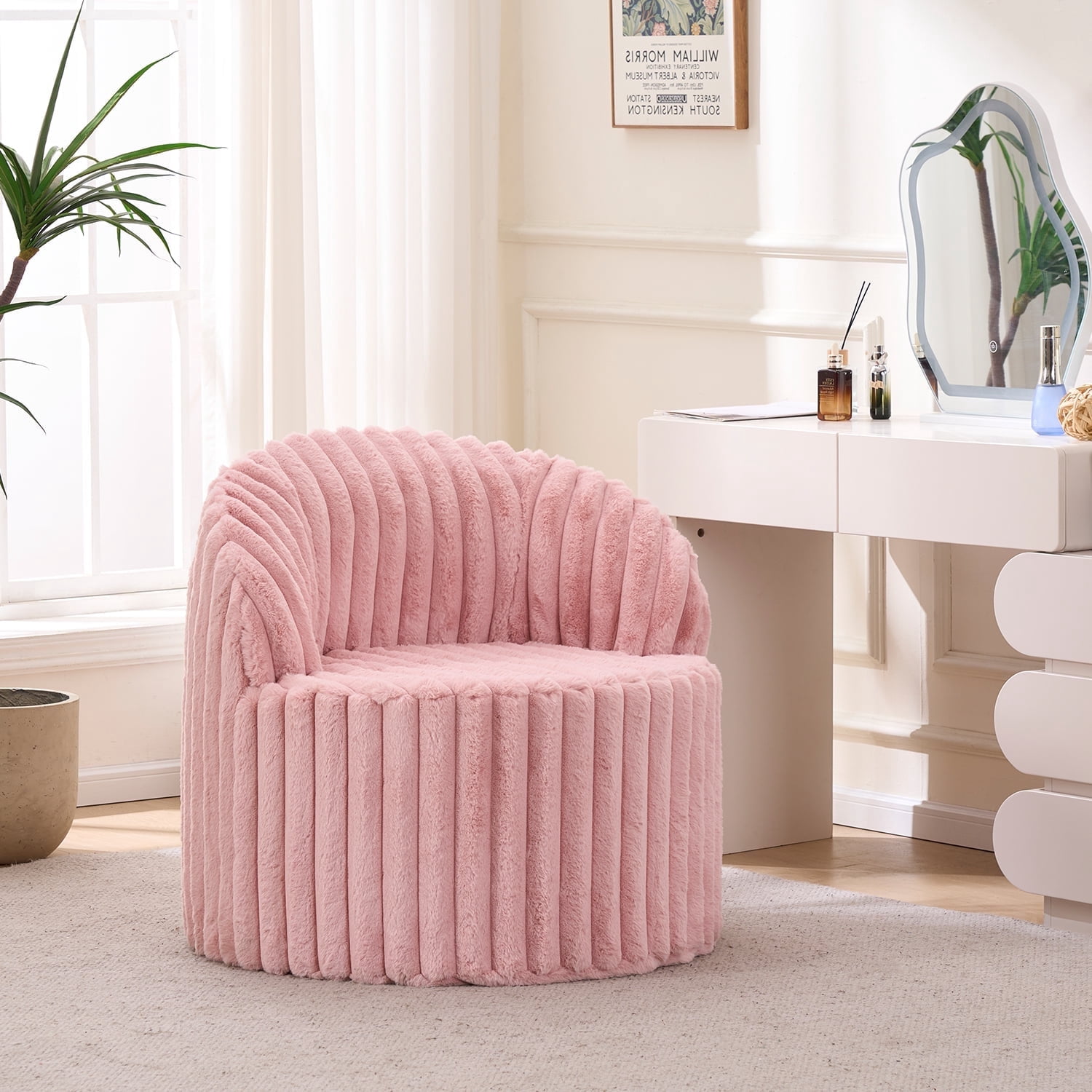 Pink Rabbit Comfy Modern Comfy Round Accent Chair, Faux Rabbit Fur Upholstered Reading ...