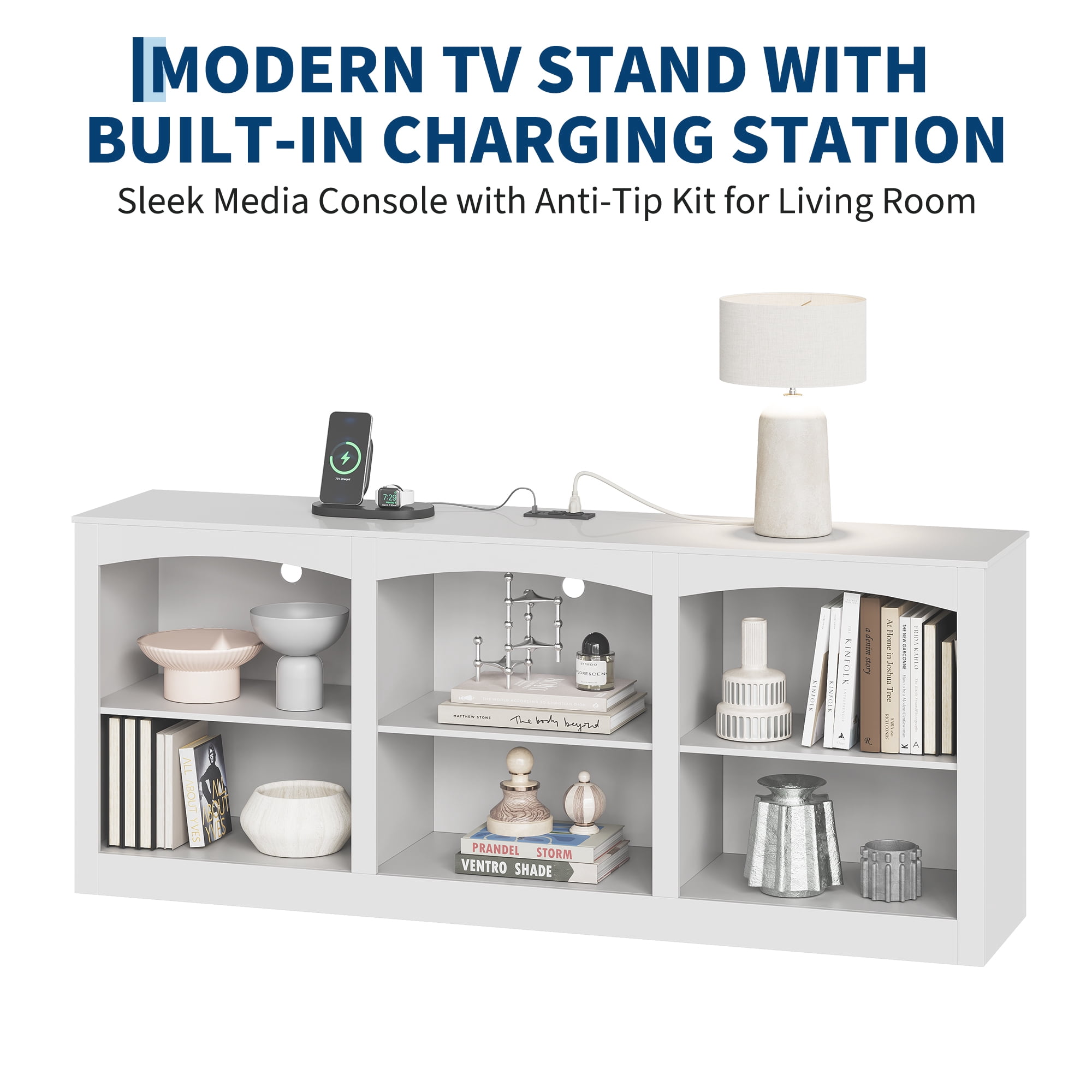 Modern Compact TV Stand for 75/80 Inch TVs – Storage Console with Power ...