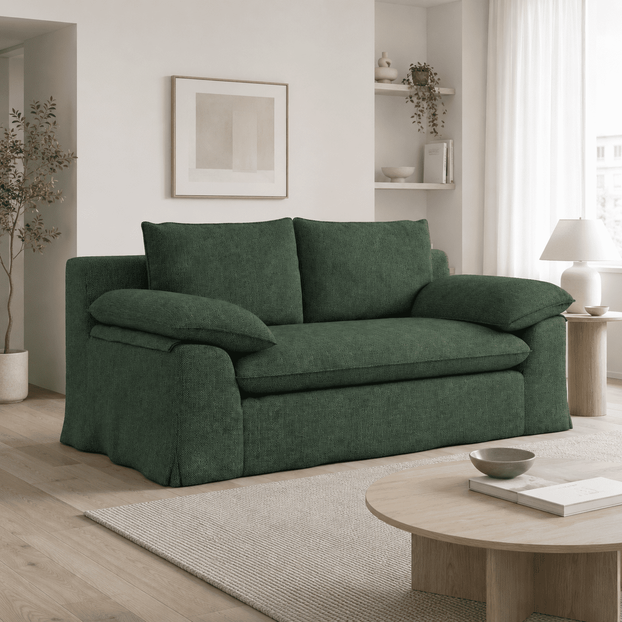 Modern Compression Loveseat Sofa with Removable Washable Cover,Deep Seat Linen Fabric Upholstered Couch with High-Density Foam for Living Room,Apartmen,No Assembly Required,Green
