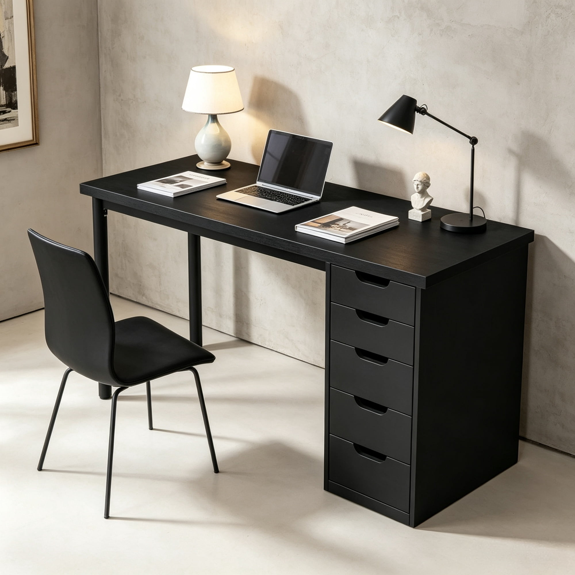 Modern Computer Desk, 47" Writing Desk with 5 Reversible Storage Drawers for Home Office