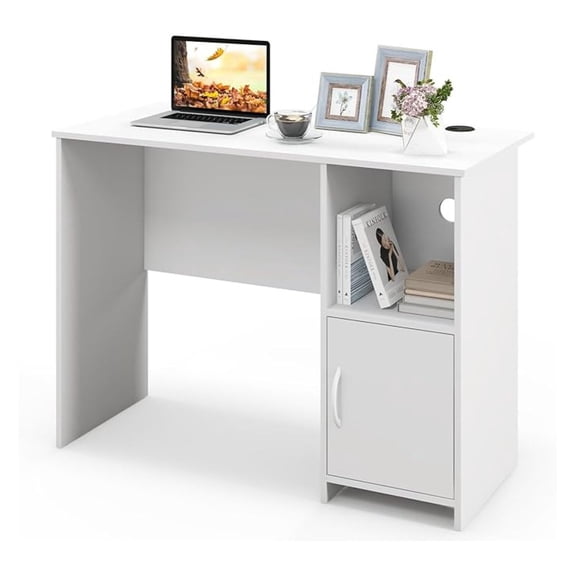 Modern Computer Desk with Cabinet, Writing Study Desk with Cable Holes & Open Shelf, Laptop PC Desk with Storage, Compact Computer Workstation for Home Office, White