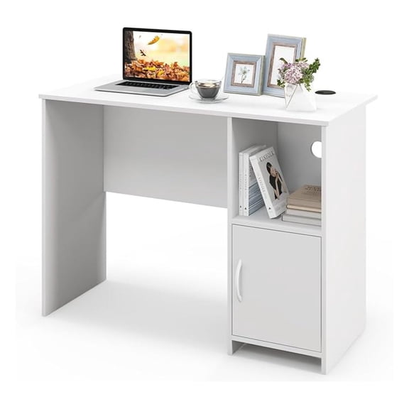 Modern Computer Desk with Cabinet, Writing Study Desk with Cable Holes & Open Shelf, Laptop PC Desk with Storage, Compact Computer Workstation for Home Office, White