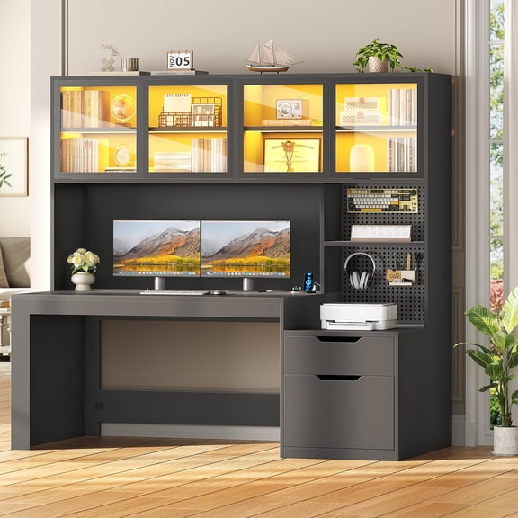 Modern Computer Desk with 2 Wood Drawers and Hutch, 23.6"W Executive Desk with Display Cabinet and LED Lights for Home Office