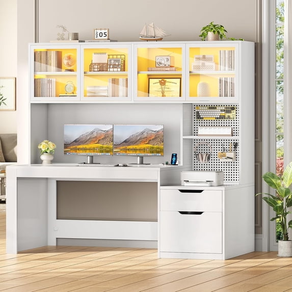 Modern Computer Desk with 2 Wood Drawers and Hutch, 23.6"W Executive Desk with Display Cabinet and LED Lights for Home Office