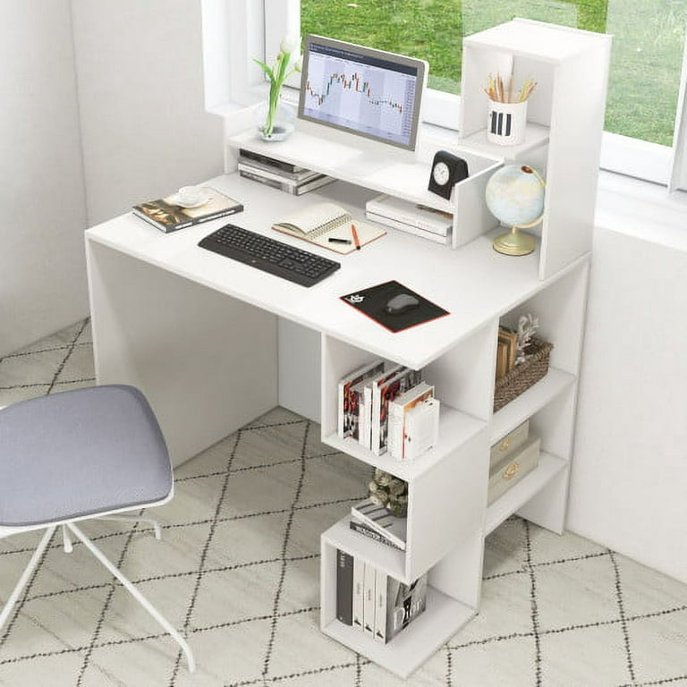 Dmora Desk With Modern High Bookcase Console With Storage Shelves Study  Table For Bedroom 160X40Xh135 Cm White Color Silver