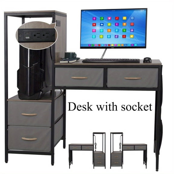 Modern Computer Gaming Desk, Reversible Computer Desk with Power Outlet, Corner Home Office Desks, Mobile File Cabinet Storage Shelves Monitor Stand Drawers, Metal Design for Gamers and Professionals