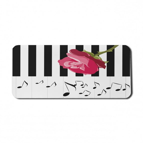 Modern Computer Mouse Pad, Hand Drawn Red Rose on Piano with Musical Notes Romantic Instrumental Art, Rectangle Non-Slip Rubber Mousepad X-Large, 35" x 15" Gaming Size, Pink Black White, by Ambesonne