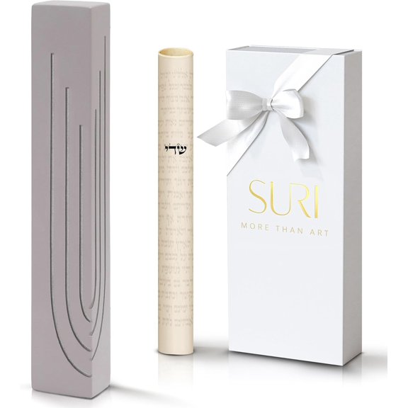 Modern Concrete Mezuzah Case with Shin for Door - Self-Adhesive, Includes Printed Mezuza Scroll & Gift Box | Gray 4 Inch & 6 Inch Sizes | Jewish Mezuzah with Scroll for Door | Judaica Gift