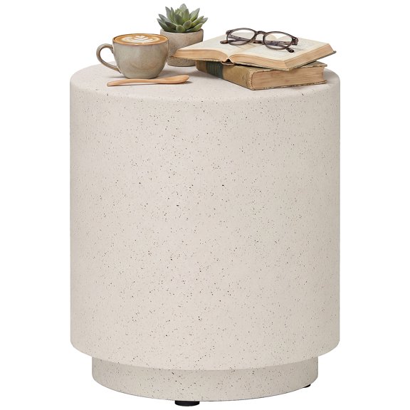 Modern Concrete Side Table, 14.5" x 14.5" x 17" Cream White Accent Table for Living Room, Bedroom, Patio or Garden, Weather-Resistant End Table with Adjustable Leveling Feet