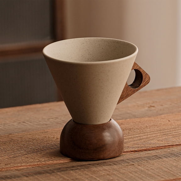 Modern Conical Coffee Mug Set | Frosted Ceramic & Solid Wood Base | 180ml Insulated Handle