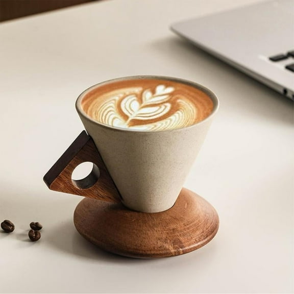 Modern Conical Coffee Mug with Wooden Handle & Base | Frosted Ceramic, Heat-Insulated, Single Cup