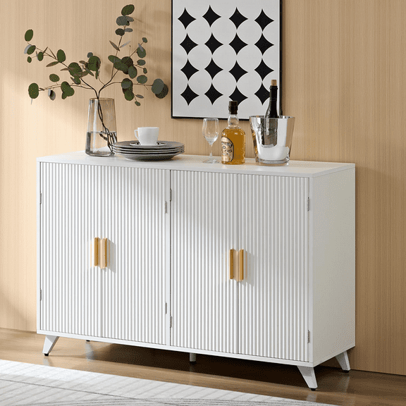 Modern Buffet Cabinet with 4 Adjustable Shelves, 47-inch Ivory White Sideboard for Living & Dining Room