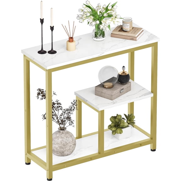 Modern Console Sofa Table 3-Tier Hallway Table Open Storage, Marble Veined Table ,  Frame, for Entryway, Foyer, Marble White and  TXG03DJ