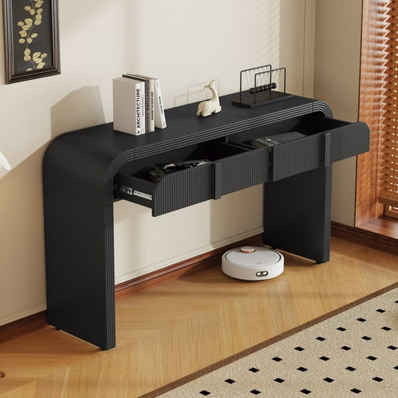 Modern Console Table with 2 Storage Drawers,Narrow Foyer Sofa Table with Adjustable Foot Pads,Fluted Table with Rounded Silhouette,for Hallway Living Room and Entryway,Black