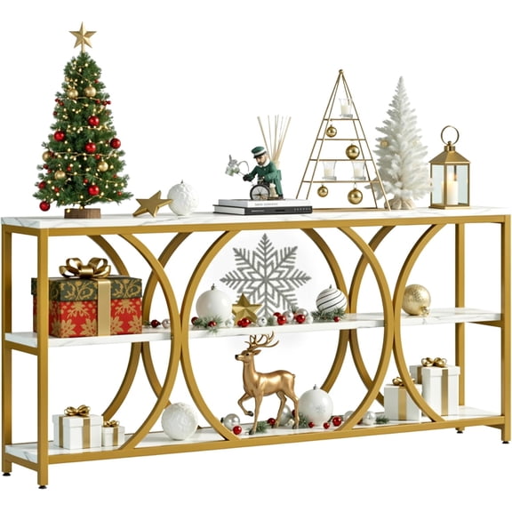 Modern Console Table,70.8 Inch Extra Long Entryway Table with 3 Tier Storage Shelves for Living Room,Hallway, Entrance,Sofa Table with Geometric Gold Frame & Faux Marble Tabletop, White and Gold
