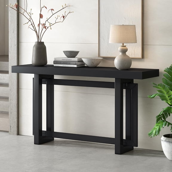 Modern Console Table Sofa Side Table with Industrial-Inspired Concrete Wood Top, Extra Long Entryway Table for Hallway, Living Room, Foyer (Black/Display)