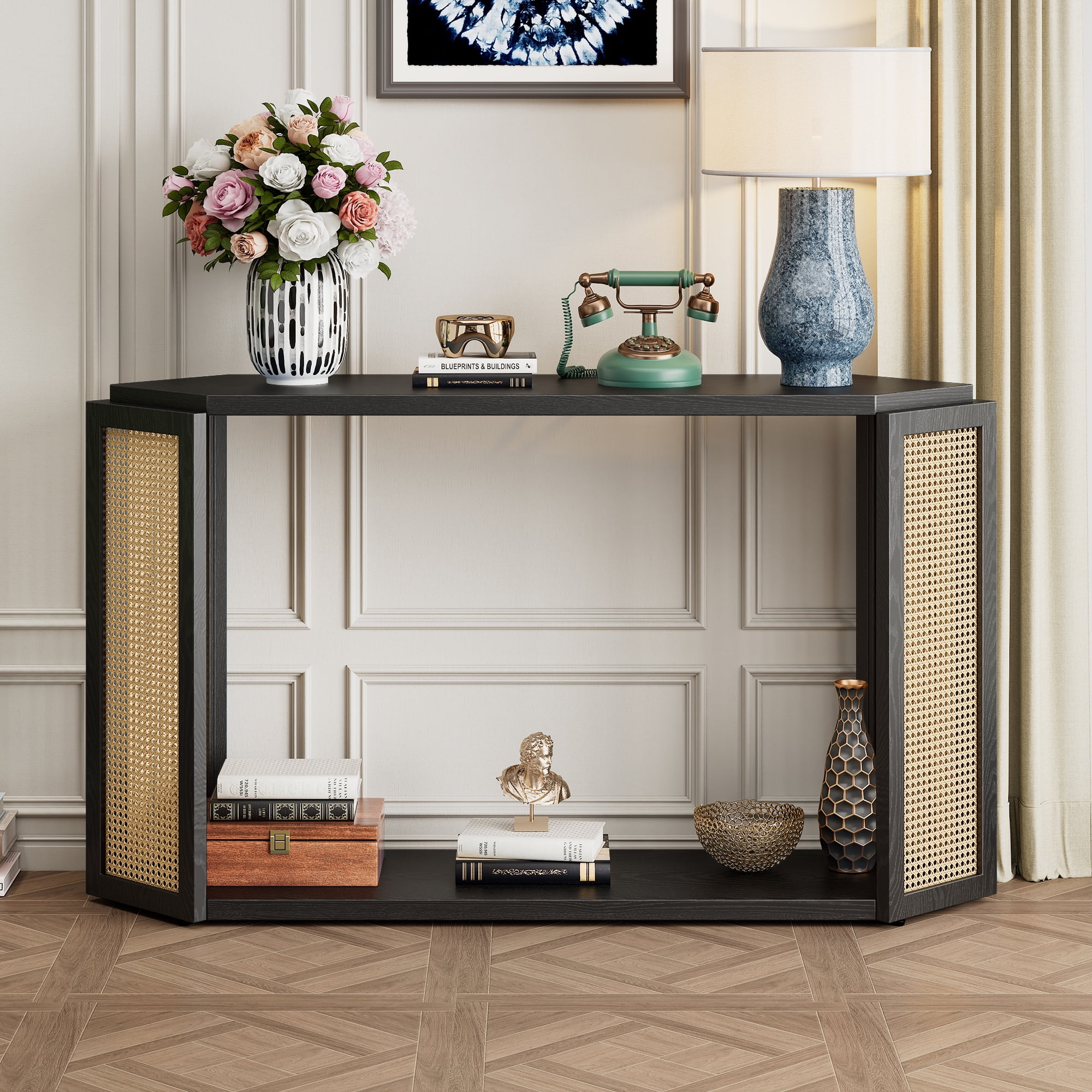 Modern Console Table, Unique Shaped Entryway Table with Woven ...