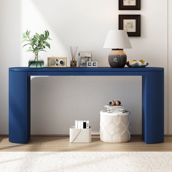 Modern Console Table With Curved Design In Navy For Entryway - Furniture Vertical Striped Legs And Spacious Desktop Piece