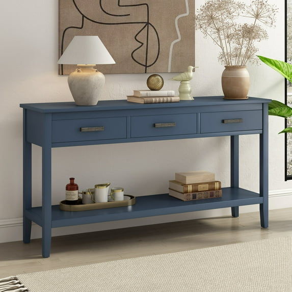 Modern Console Table with 3 Drawers, Entryway Table with Storage Shelf, Wooden Long Table for Entryway Hallway Living Room Foyer Corridor , Navy Blue