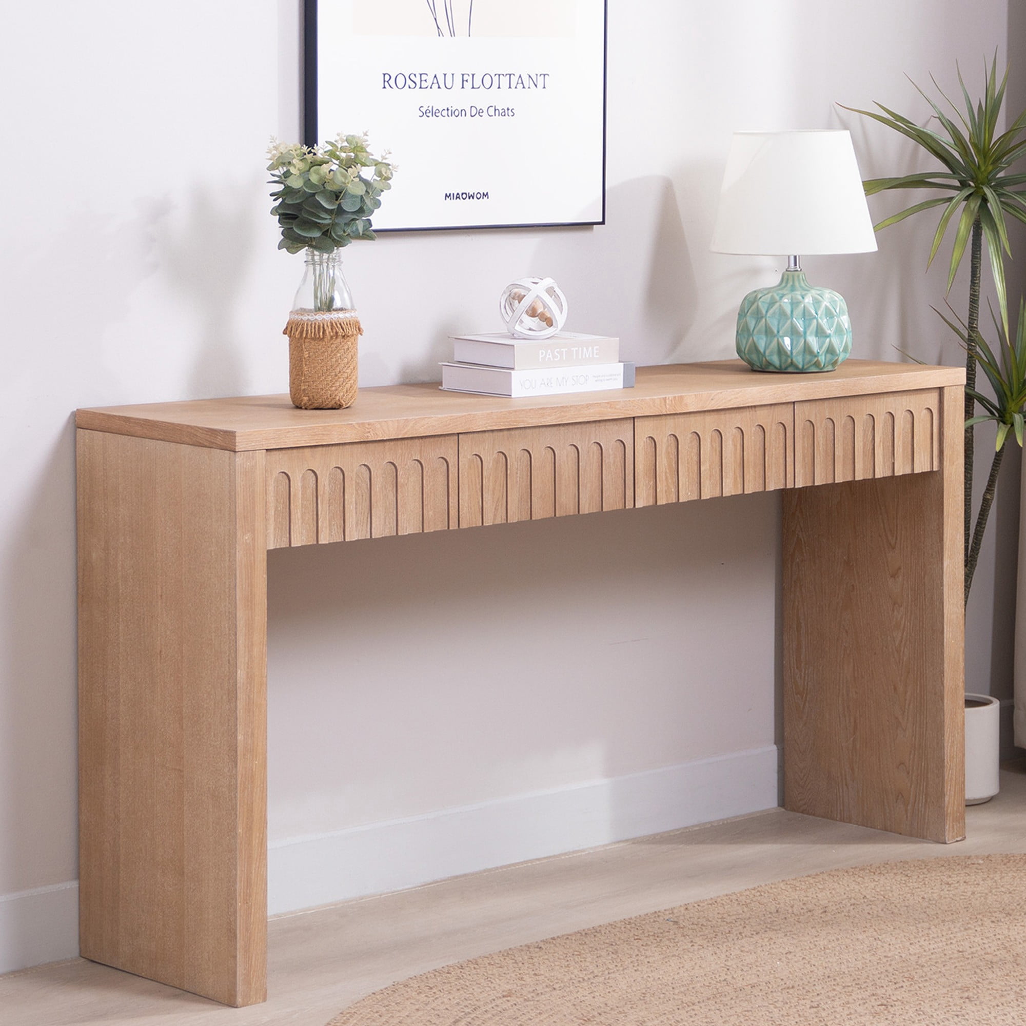 Modern Console Table with 4 Drawers, 59.2" Entryway Table (Natural)