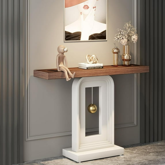 Modern Console Table with Geometric Base, 40 inch Narrow Sofa Entryway Table with Gold Decor