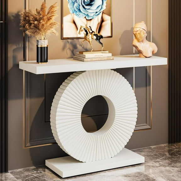 Modern Console Table with Geometric Base, 40 inch Wood Entryway Table Sofa Table，White