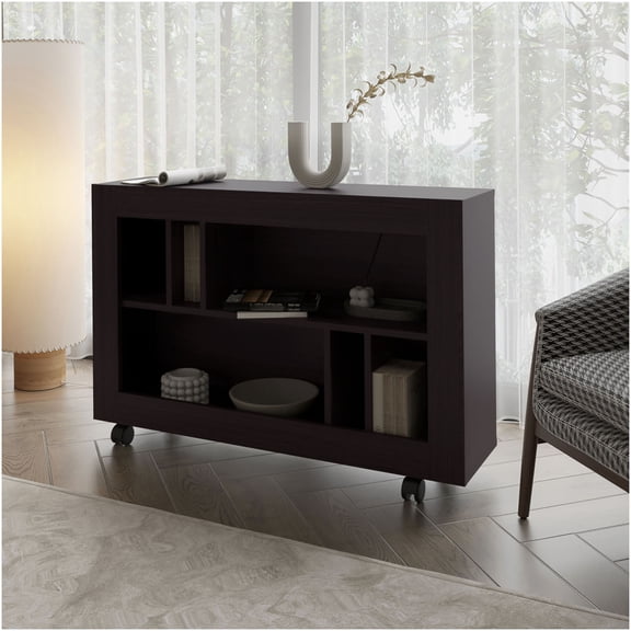 Modern Console Table with Open Storage Shelves, Mobile Rolling Design for Living Room, Entryway, Office, Wenge Finish