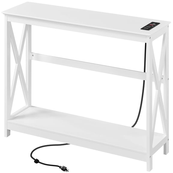 Modern Console Table with USB Charging Station, Slim Entryway Table with Power Outlets, Wooden Sofa Table for Living Room, Hallway Storage, White