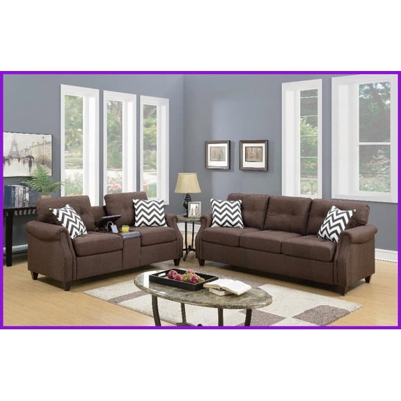 Modern Contemporary 2-Piece Living Room Sofa Set - Dark Coffee Polyfiber with USB Console, Cup Holders & Pillows