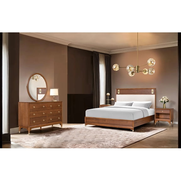 Modern Contemporary 4pc Bedroom Set Walnut Color Queen Size Bed Dresser Mirror Nightstand Platform Bedframe