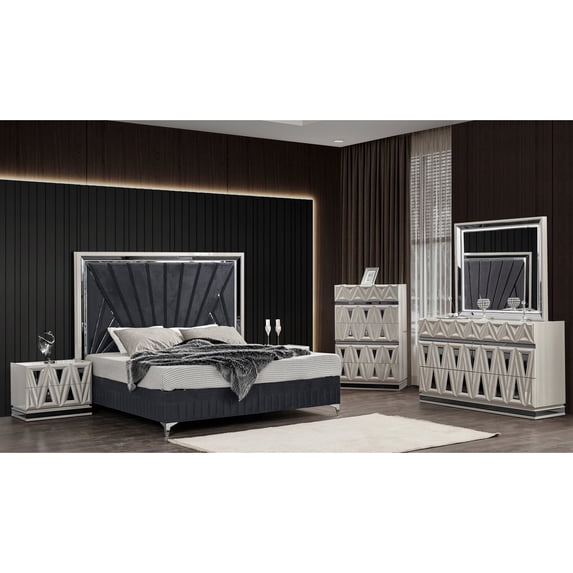 Modern & Contemporary 5 Pc Queen Bedroom Suite - River Sand Grey Bed With Storage, 6 Dresser, Mirror, 2 Nightstand, 5 Chest Drawers Arrangement In Velvet Class, Led Extra Space Option Choice