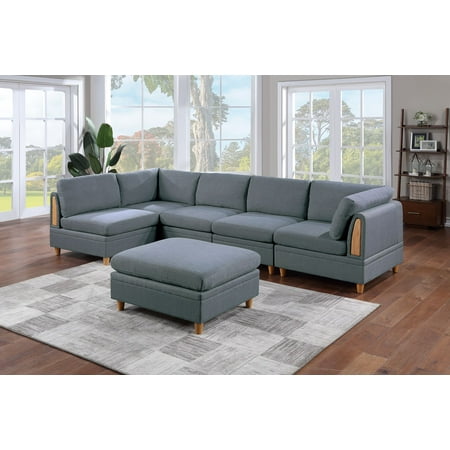 Modern Contemporary 6pc L-Sectional Set Armless Chair Ottoman Wedge Couch Living Room Steel Dorris Fabric Wooden Deco