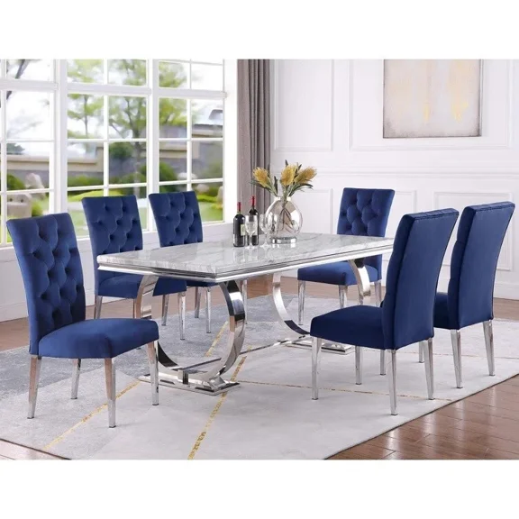 Modern Contemporary 7pc Dining Set, Faux Marble Top Dining Table with Velvet Tufted Side Chairs, Navy/Chrome