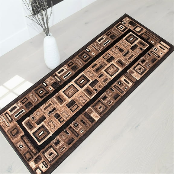 Modern Contemporary Abstract Rug- Frame/Boxy/Cube Pattern-Shed Free Black/Chocolate Brown/Ivory