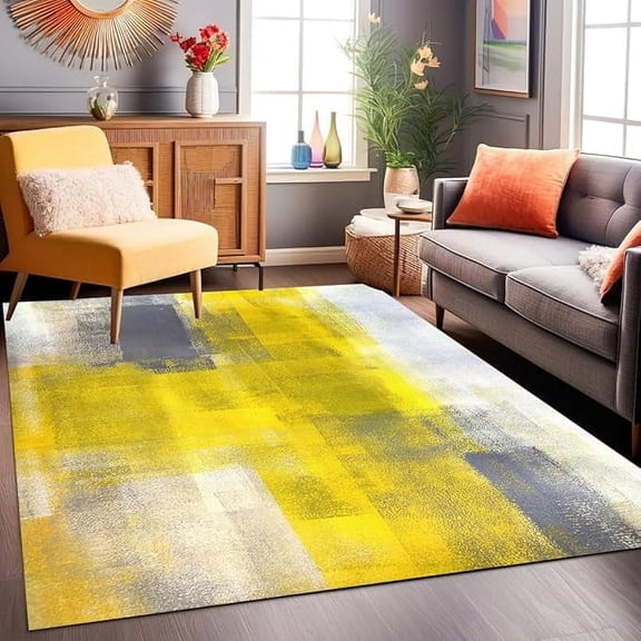 Modern Contemporary Abstract Yellow Grey Area Rug Washable Aesthetics Rugs For Living Room Bedroom Dining Room Lux Arti Office Kitchen Indoor Carpet 2' x 3'