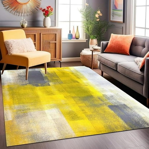 Modern Contemporary Abstract Yellow Grey Area Rug Washable Aesthetics Rugs For Living Room Bedroom Dining Room Lux Arti Office Kitchen Indoor Carpet 5' x 7'