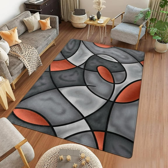 Modern Contemporary Area Rug Orange Gray Black Abstract Carpet Rug With Circles Wave Design Non-Slip For Office Bedroom Living Room Kitchen 1x2ft