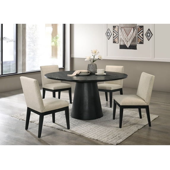 Modern Contemporary Black Beige 5pc Dining Set Round Table Upholstered Chairs