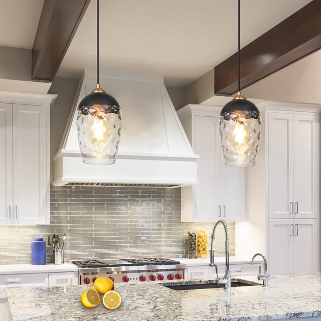 Modern Contemporary Black Gold Hammered Glass Kitchen Island Pendant ...