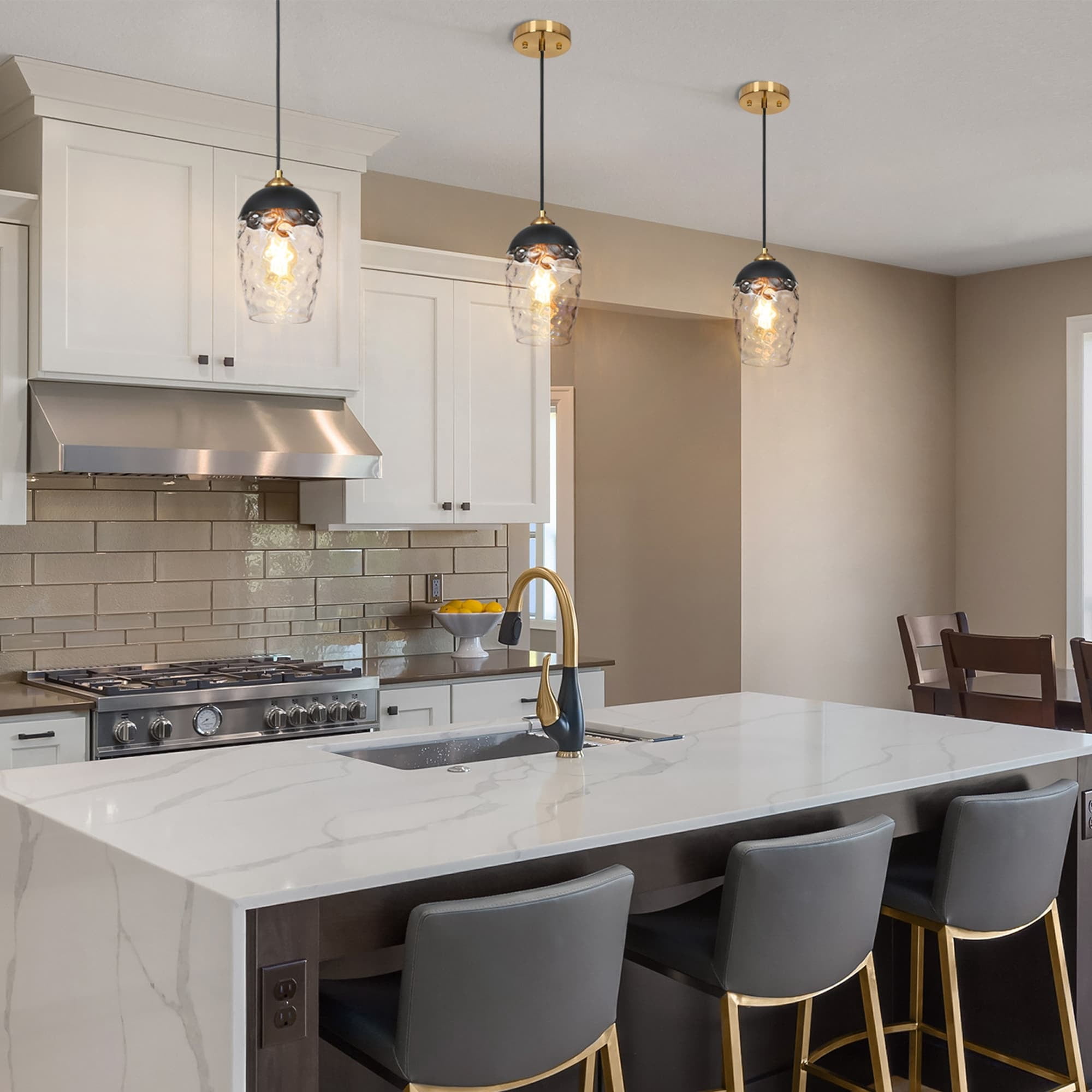 Modern Contemporary Black Gold Hammered Glass Kitchen Island Pendant