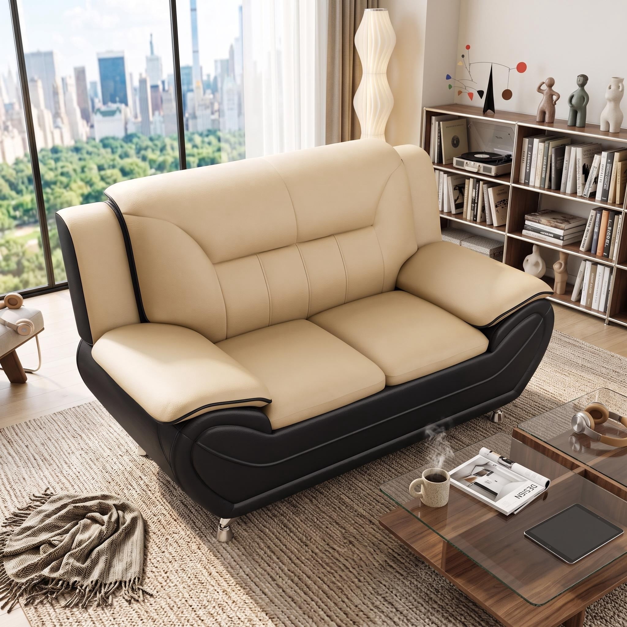Modern Contemporary Bonded Faux Leather Living Room Sofa, Cushioned Armrest Couch with Stainless Steel Legs, Minimalist Sturdy Upholstered Furniture for Living Room Apartment,Camel & Black