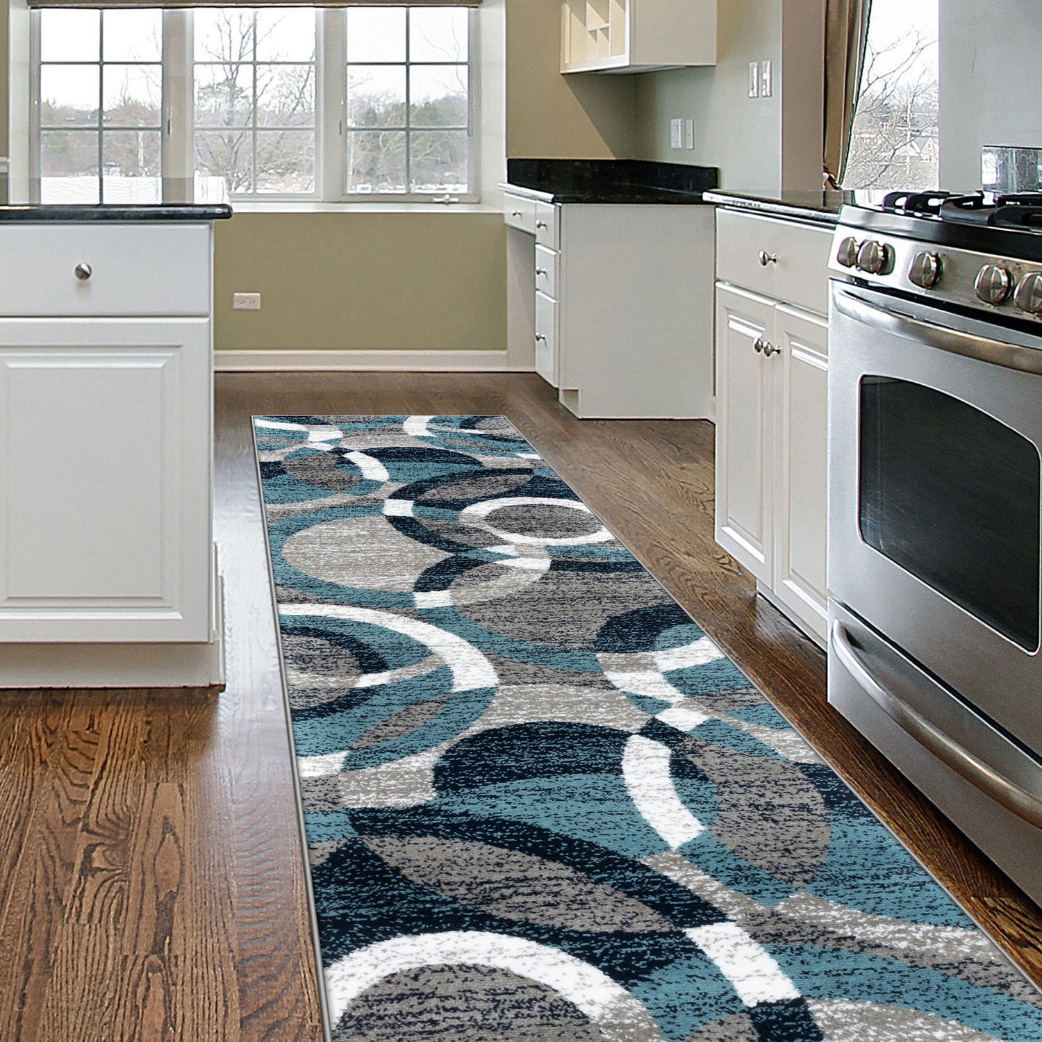 Blue and Gray High Pile Abstract Runner Rug