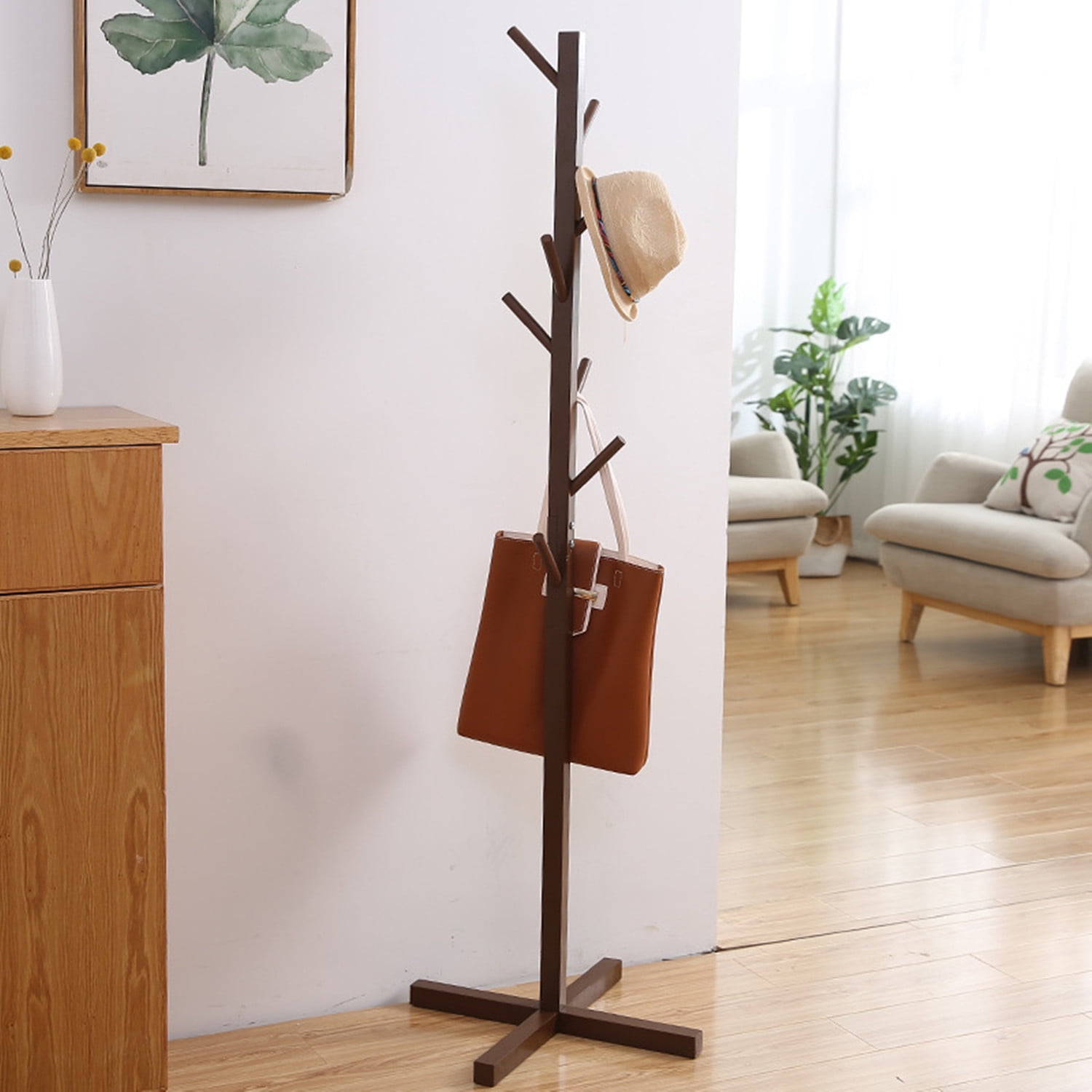 Modern Contemporary Clothing Rack, Portable White/Coffee Wooden Coat