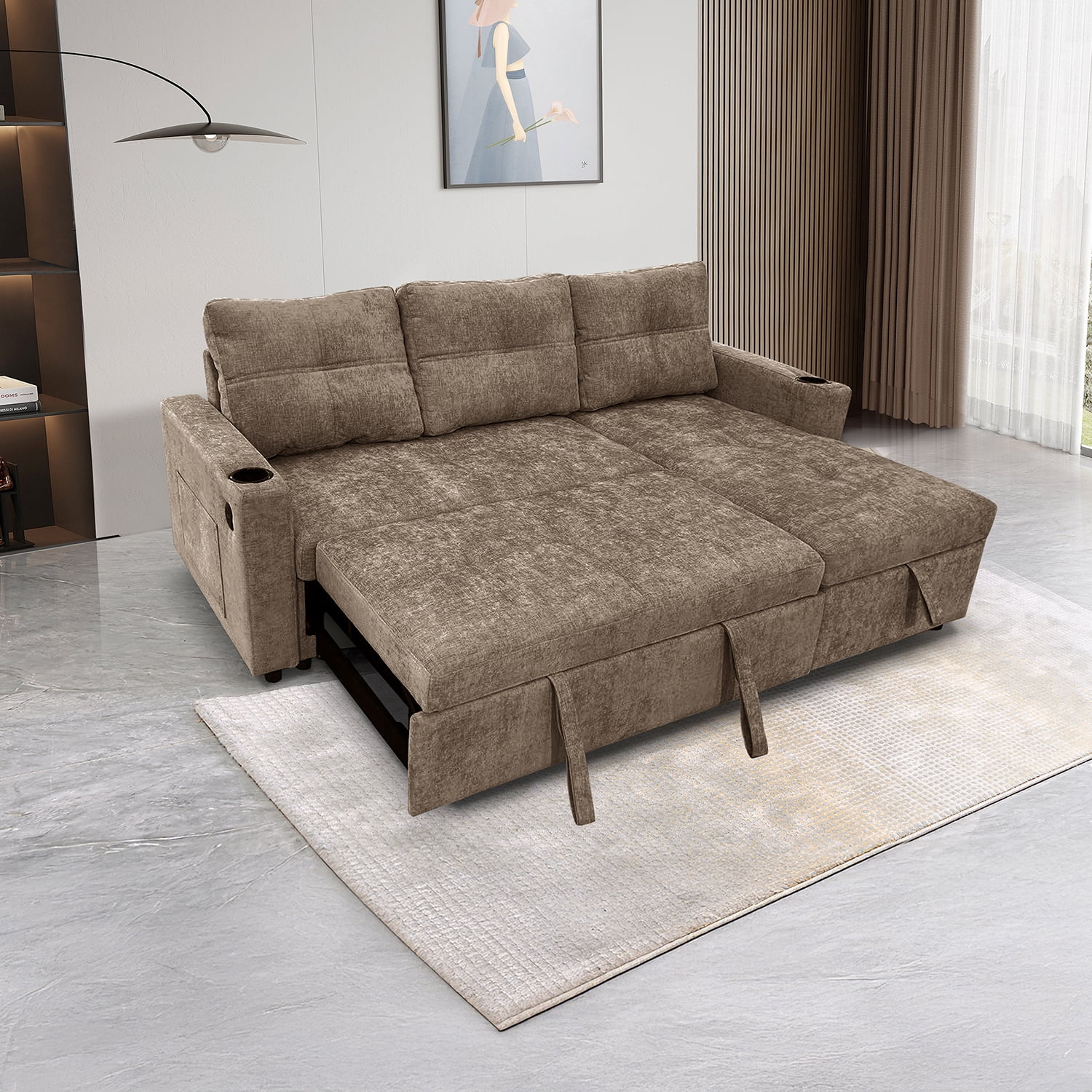 Modern Contemporary Convertible Chaise Sectional with Hidden Storage & Sleeper, Dark Grey