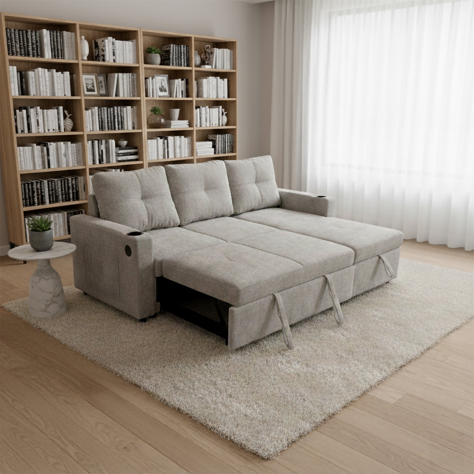 Modern Contemporary Convertible Chaise Sectional with Hidden Storage & Sleeper, Light Grey