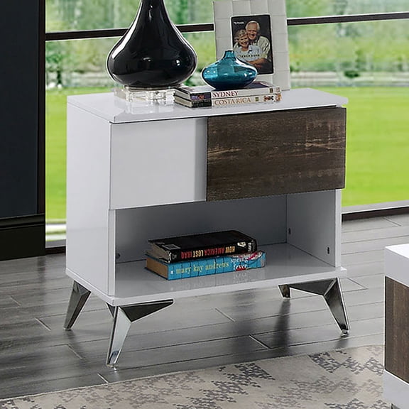 Modern Contemporary End Table: White & Oak 2-Tone High Gloss, Open Shelf, Drawer, Steel Legs - Retro-Futuristic Accent Furniture for Living Room/Bedroom, 22"